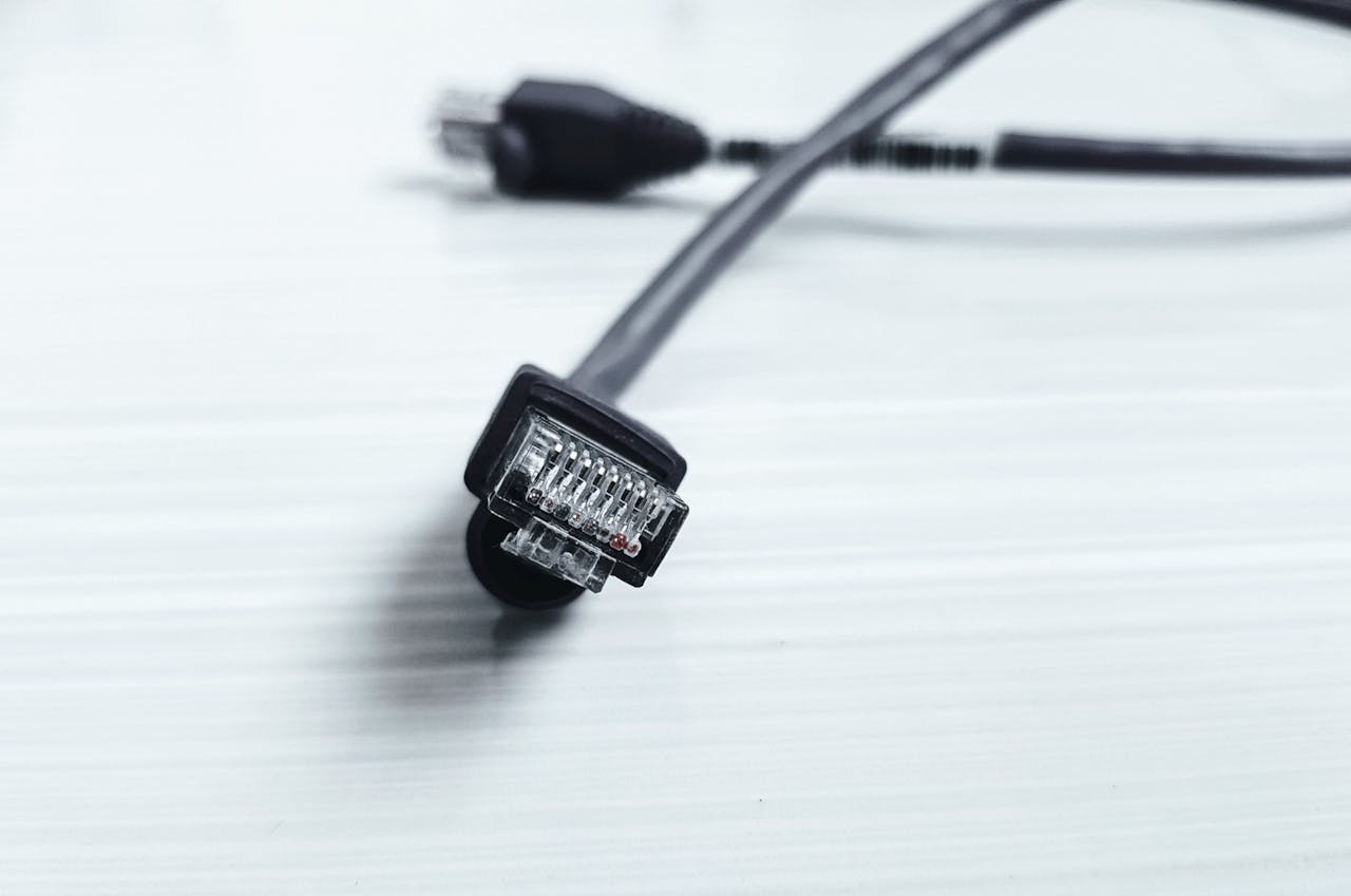 Detailed image of a black ethernet cable with RJ-45 connector on a white surface.