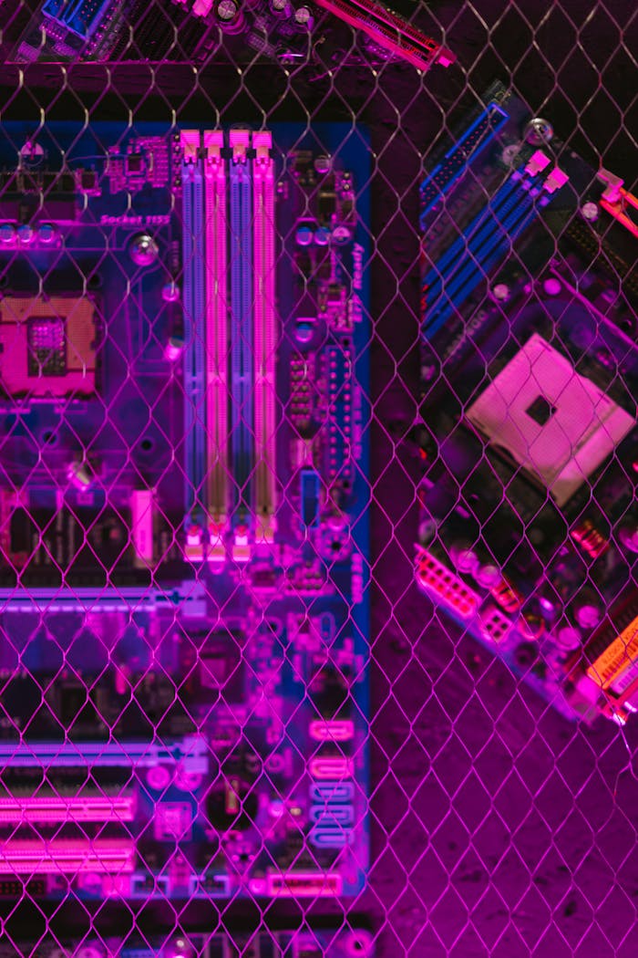 digital Close-up of a computer motherboard with vibrant neon lighting, showcasing modern technology and circuitry.